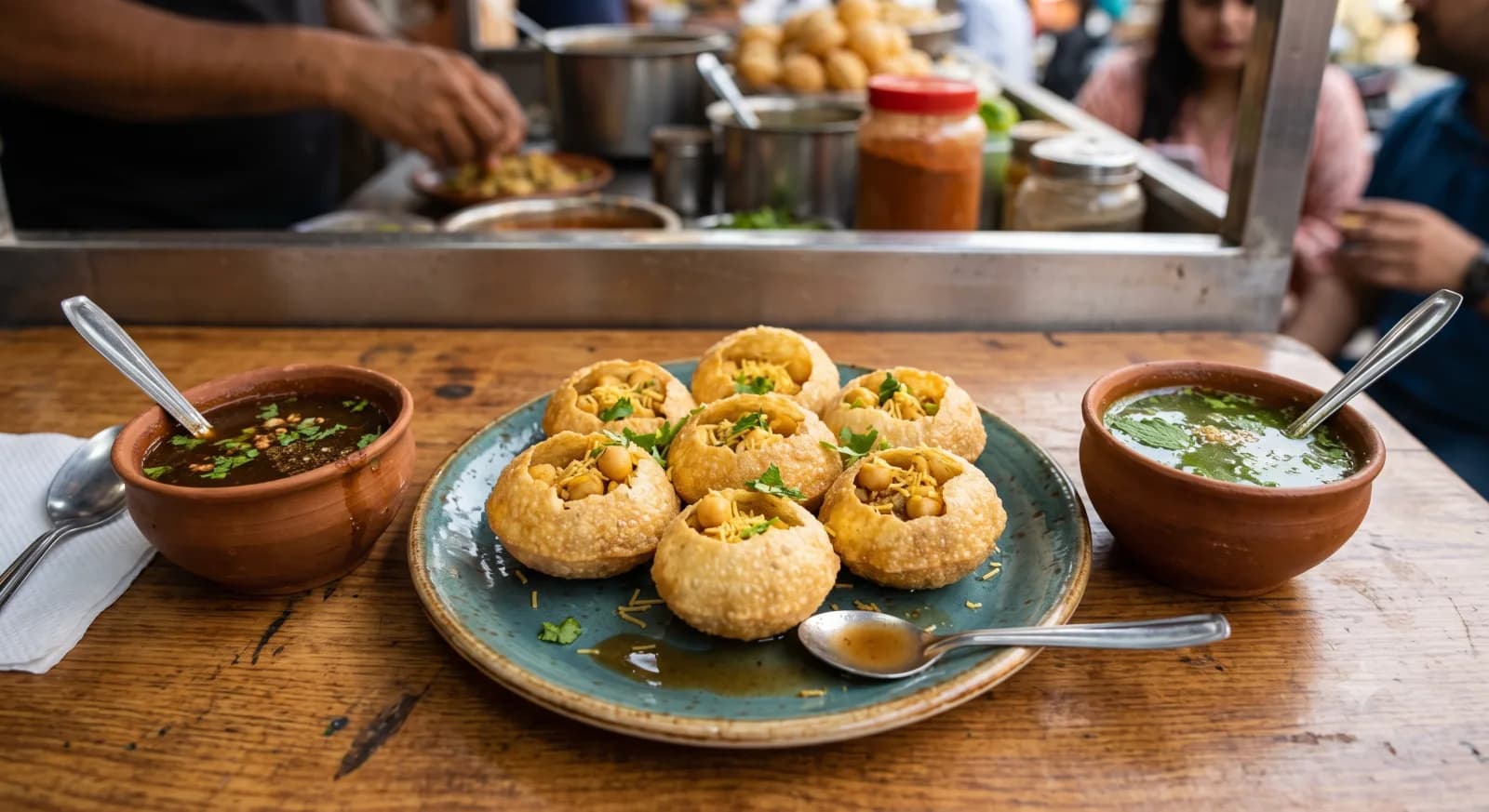 Pani puri, a classic Indian street food chaat dish, served at VegNation Utrecht