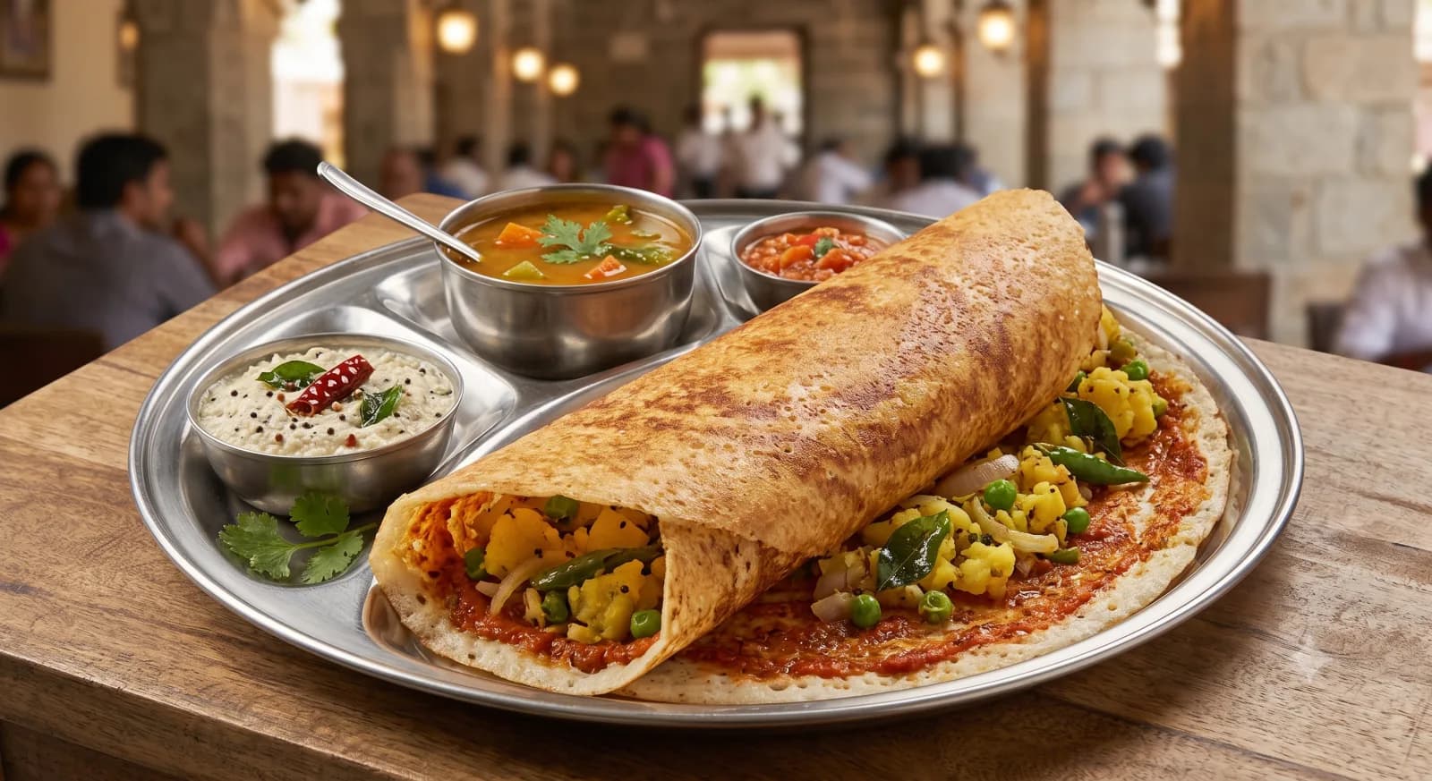 A crispy Mysore masala dosa with red chilli chutney, sambar and coconut chutney at VegNation Utrecht